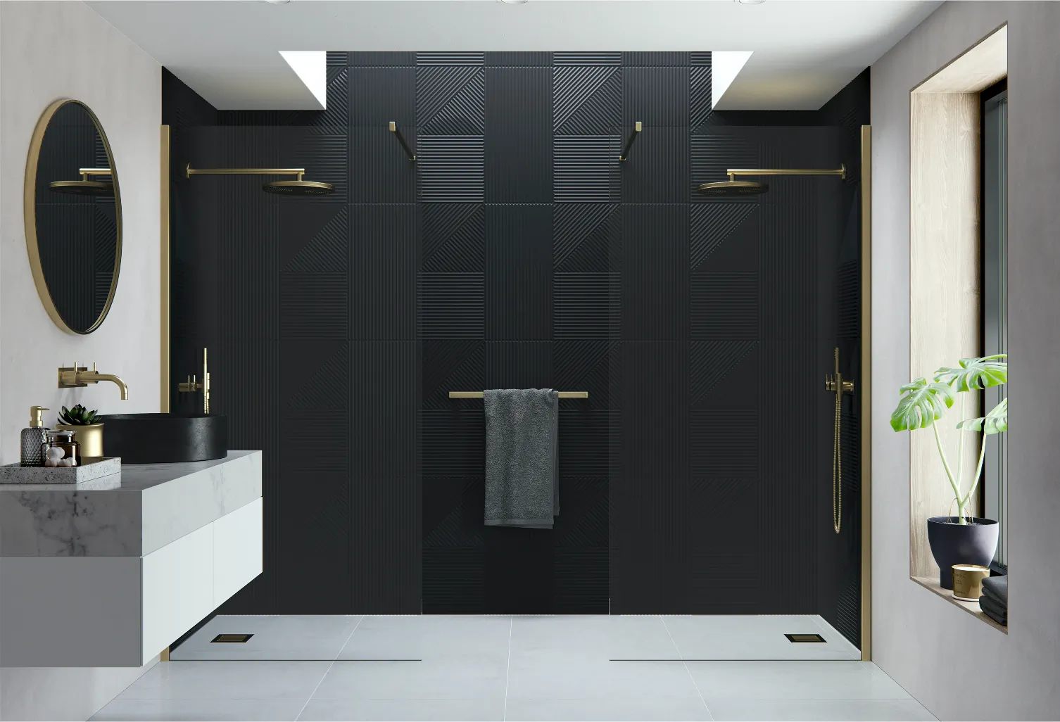 Double Entry Wetroom Panel with Brushed Brass Straight Stabilising Bars
