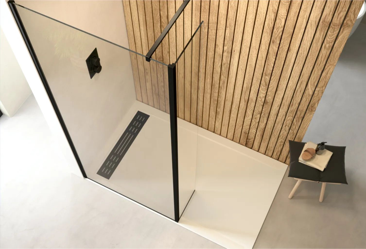 Wetroom Panel with Fixed Deflector Panel in Matte Black