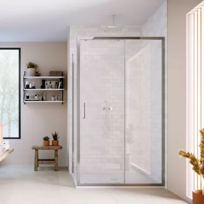 The ILI Sliding Door With Side Panel in a modern bathroom