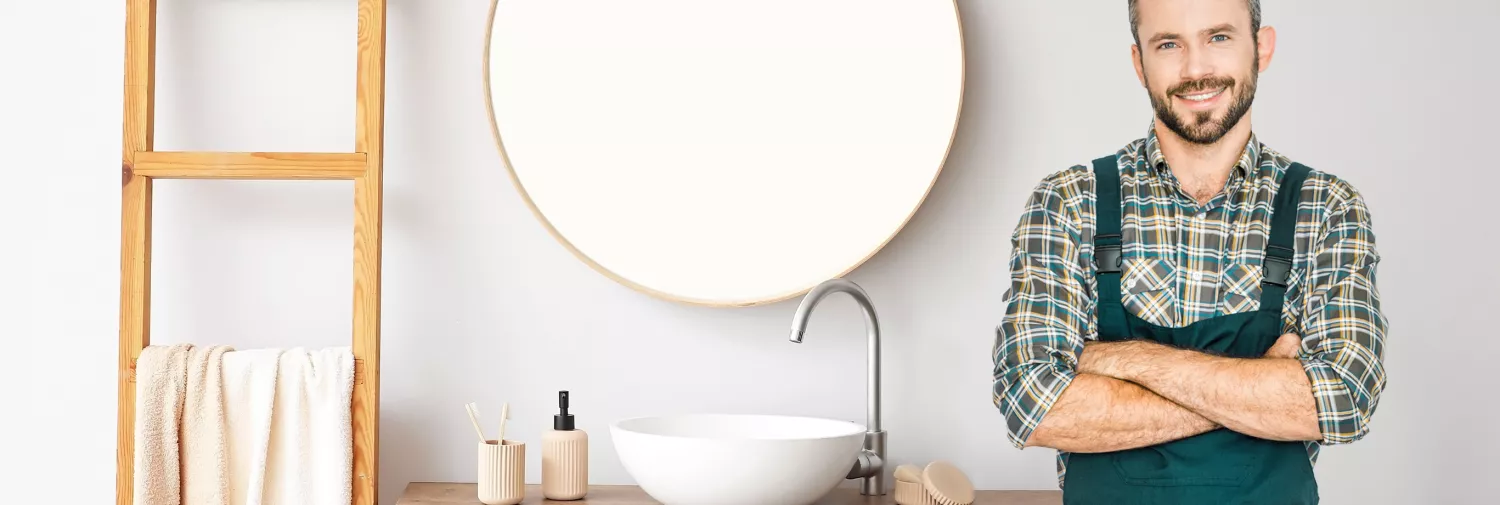 A shower installer smiling in a bathroom